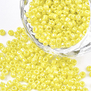 Opaque Glass Seed Beads, Rainbow Plated, Round, Yellow, 4mm, Hole: 1.5mm, about 4500pcs/bag(SEED-S023-01A-02)