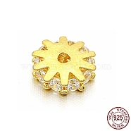 925 Sterling Silver Spacer Beads, with Clear Cubic Zirconia, Flower, Real 18K Gold Plated, 6x2mm, Hole: 1.2mm(STER-K176-06G)