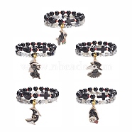 2Pcs 2 Style Halloween Alloy Enamel Charm Bracelets Set with Skull Cross, Natural Obsidian & Synthetic Turquoise(Dyed) Bracelet for Women, Mixed Patterns, Inner Diameter: 2-1/8 inch(5.4cm), 2 inch(5.1cm), 1Pc/style(BJEW-JB08006)