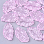 Transparent Spray Painted Glass Pendants, Leaf, Pearl Pink, 27.5x15~17x3.5~4.5mm, Hole: 1.4mm(GLAA-T013-02-C03)