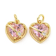 Brass Micro Pave Pink Cubic Zirconia Pendants, Heart Shaped, Real 18K Gold Plated, 13.5x11.5x7mm, Hole: 3mm(KK-G490-31A-G)