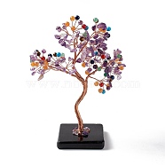 Natural Gemstone Tree Display Decoration, Obsidian Slice Base Feng Shui Ornament for Wealth, Luck, Rose Gold Brass Wires Wrapped, 65~70x135~140x170~180mm(DJEW-G027-06RG-03)