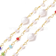 CCB Imitation Pearl Rhombus & Glass Beaded Chains, with Real 18K Gold Plated Brass Findings, Soldered, with Spools, Cadmium Free & Lead Free, Colorful, 19x7.5x5mm, 13x4mm, 12x3.5mm(CHC-P009-17G)