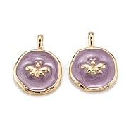 Brass Enamel Pendants, Long-Lasting Plated, Flat Round with Bee, Lilac, Real 18K Gold Plated, 18.5x13.5x3mm, Hole: 4x2.5mm(KK-A155-02G)