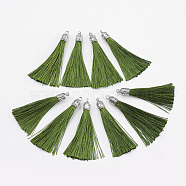 Nylon Tassels Big Pendant Decorations, with Antique Silver Alloy Findings, Olive, 55~67x7mm, Hole: 2mm(STAS-F142-07E)