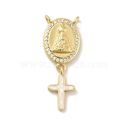 Brass Charms, with Shell, Cadmium Free & Lead Free, Long-Lasting Plated, Oval with Cross, Real 18K Gold Plated, White, 30mm, Hole: 1.5mm(KK-B059-52G-C)