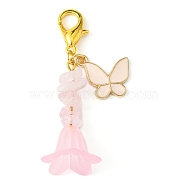 Alloy Enamel Butterfly & Acrylic Flower Pendant Decoration, Natural Rose Quartz Chips and Lobster Claw Clasps Charm, Pink, 52~53mm(HJEW-JM01556-02)