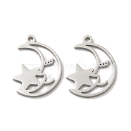 Non-Tarnish 304 Stainless Steel Charms, Moon with Star Charm, Stainless Steel Color, 15x11x1mm, Hole: 1mm(STAS-L022-215P)