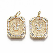 Brass Micro Pave Clear Cubic Zirconia Pendants, Nickel Free, Real 18K Gold Plated, Rounded Rectangle with Word, Letter.V, 19x14x2.5mm, Jump Ring: 5x0.7mm, 3mm inner diameter(KK-S356-234V-G-NF)