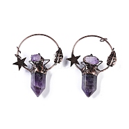 Natural Amethyst Faceted Pointed Bullet Big Pendants, Red Copper Plated Brass Ring Star Charms, 74x58x16~16.5mm, Hole: 6mm(G-B073-01R-01)