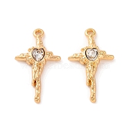 Alloy Crystal Rhinestone Pendants, Cross Charms with Heart, Golden, 27x15.5x4mm, Hole: 1.5mm(ALRI-M021-06)