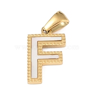 Natural White Shell Alphabet Pendants, Ion Plating(IP) Real 18K Gold Plated 304 Stainless Steel Charms, Letter F, 17x10.5x1.5mm, Hole: 5x3mm(STAS-M338-02G-F)