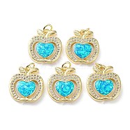 Rack Plating Brass Micro Pave Cubic Zirconia Fruit Pendants, Synthetic Opal Apple Charms with Jump Ring, Cadmium Free & Lead Free, Long-Lasting Plated, Real 18K Gold Plated, Cyan, 19x17x3mm, Hole: 3.4mm(KK-C041-20G)