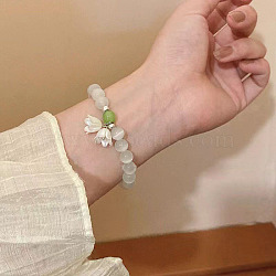 Cat Eye Round Beaded Stretch Bracelets, Alloy Flower Charm Bracelets for Women, White, 2-3/8 inch(6cm)(WG66F0A-05)