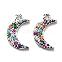 Brass Cubic Zirconia Charms, with Enamel, Moon, Colorful, Platinum, 13.5x8x2mm, Hole: 1mm(KK-O119-08P)