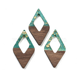 Walnut Wood Pendants, Resin and Gold foil, Rhombus, Light Sea Green, 47.5x25.5x3.5mm, Hole: 2mm(FIND-Z050-02N)