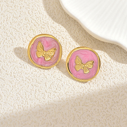Stainless Steel Flat Round with Butterfly Stud Earrings, Golden, Pink, 23.3mm(GP8827-4)
