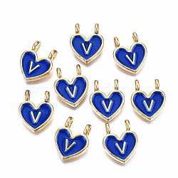 Alloy Enamel Charms, Cadmium Free & Lead Free, Heart with Initial Letters, Light Gold, Blue, Letter.V, 14.5x11.5x4.5mm, Hole: 2mm(X-ENAM-T012-02V-RS)