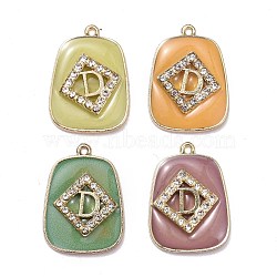 Alloy Rhinestone Pendants, with Epoxy Resin, Trapezoid with Letter, Light Gold, Crystal, Mixed Color, 29x21.5x4~5mm, Hole: 1.5mm(ALRI-N034-02-M)