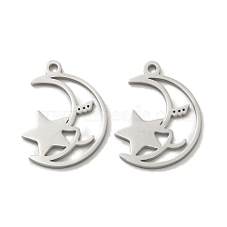 304 Stainless Steel Charms, Moon with Star Charm, Stainless Steel Color, 15x11x1mm, Hole: 1mm(STAS-L022-215P)