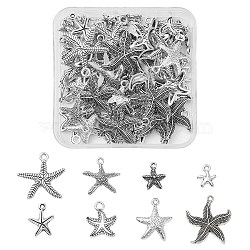 80Pcs 8 Style Tibetan Style Alloy Pendants, Lead Free and Cadmium Free, Starfish/Sea Stars Charms, Antique Silver, 15~26x12~24x2~3.5mm, Hole: 1.5~2mm, 10pcs/style(TIBEP-YW0001-46)