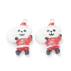 Resin Pendants, for Christmas Festival, with Platinum Iron Peg Bail, Glitter Powder, White Bear, Red, 34x22x7mm, Hole: 2mm(RESI-O010-05)