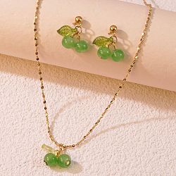 Cherry 304 Stainless Steel Glass Pendant Necklaces & Stud Dangle Earrings Sets, Golden, Lime Green, 395mm(WGB239D-03)