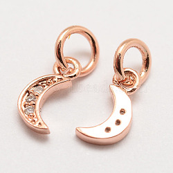 Brass Micro Pave Grade AAA Cubic Zirconia Charms, Long-Lasting Plated, Moon, Cadmium Free & Nickel Free & Lead Free, Real Rose Gold Plated, 9x4x1mm, Hole: 3mm(ZIRC-G090-03RG-NR)