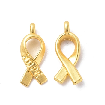Rack Plating Alloy Pendants, Cadmium Free & Lead Free & Nickle Free, Awareness Ribbon with Word Hope Charm, Matte Gold Color, 19x8x3mm, Hole: 1.6mm
