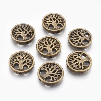 Tibetan Style Alloy Beads, Flat Round with Tree, Cadmium Free & Nickel Free & Lead Free, Antique Bronze, 18x4mm, Hole: 1.5mm