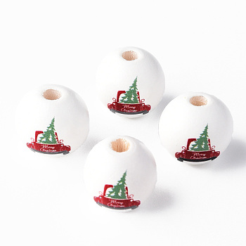 Painted Natural Wood Round Beads,  Car with Christmas Tree Pattern, Red, 16x15mm, Hole: 4mm