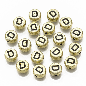 Plating Acrylic Beads, Horizontal Hole, Flat Round with Letter, Golden Plated, Black, Letter.D, 7x4mm, Hole: 1.2mm.
