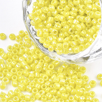 Opaque Glass Seed Beads, Rainbow Plated, Round, Yellow, 4mm, Hole: 1.5mm, about 4500pcs/bag