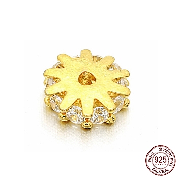 925 Sterling Silver Spacer Beads, with Clear Cubic Zirconia, Flower, Real 18K Gold Plated, 6x2mm, Hole: 1.2mm