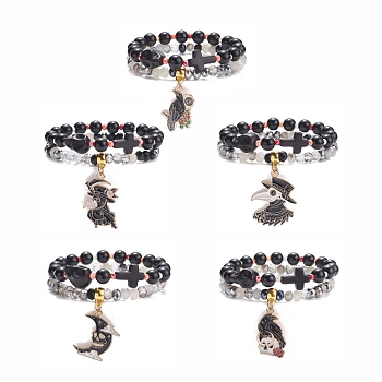 2Pcs 2 Style Halloween Alloy Enamel Charm Bracelets Set with Skull Cross, Natural Obsidian & Synthetic Turquoise(Dyed) Bracelet for Women, Mixed Patterns, Inner Diameter: 2-1/8 inch(5.4cm), 2 inch(5.1cm), 1Pc/style