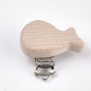 Beech Wood Baby Pacifier Holder Clips, with Iron Clips, Whale, Platinum, BurlyWood, 44x46x18mm, Hole: 3.5x6mm