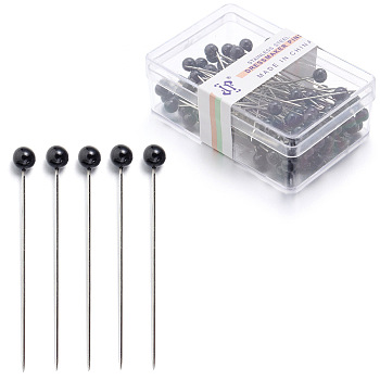 Steel Ball Positioning Head Pins, whit Plastic Pearl, for Handcrafted Garment Head, 100 Pieces/Box, Stainless Steel Color, Black, 37x4mm, pin: 1mm