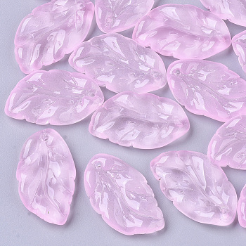 Transparent Spray Painted Glass Pendants, Leaf, Pearl Pink, 27.5x15~17x3.5~4.5mm, Hole: 1.4mm
