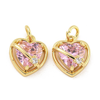 Brass Micro Pave Pink Cubic Zirconia Pendants, Heart Shaped, Real 18K Gold Plated, 13.5x11.5x7mm, Hole: 3mm