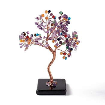 Natural Gemstone Tree Display Decoration, Obsidian Slice Base Feng Shui Ornament for Wealth, Luck, Rose Gold Brass Wires Wrapped, 65~70x135~140x170~180mm