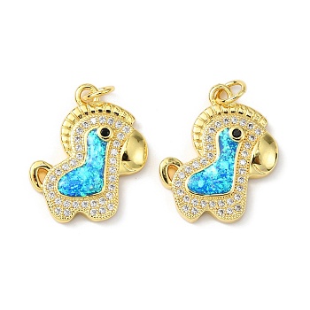 Brass Micro Pave Cubic Zirconia Pendants, with Synthetic Opal and Jump Ring, Horse, Real 18K Gold Plated, 20.5x17x3.5mm, Hole: 3.5mm