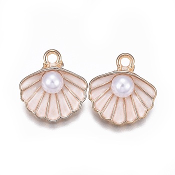 Zinc Alloy Enamel Pendants, with ABS Plastic Imitation Pearl, Shell, Light Gold, Linen, 15.5x14.5x6mm, Hole: 2mm