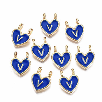 Alloy Enamel Charms, Cadmium Free & Lead Free, Heart with Initial Letters, Light Gold, Blue, Letter.V, 14.5x11.5x4.5mm, Hole: 2mm