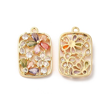 Real 18K Gold Plated Brass Pendant, with Glass, Rectangle with Flower Charms, Colorful, 25.5x16x4.5mm, Hole: 1.6mm