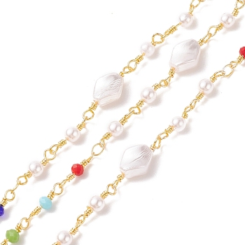 CCB Imitation Pearl Rhombus & Glass Beaded Chains, with Real 18K Gold Plated Brass Findings, Soldered, with Spools, Cadmium Free & Lead Free, Colorful, 19x7.5x5mm, 13x4mm, 12x3.5mm