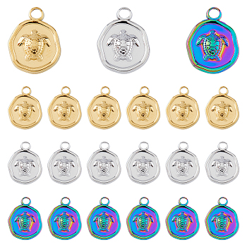 18Pcs 3 Colors Ion Plating(IP) 304 Stainless Steel Pendants Sets, Flat Round with Tortoise Charm, Mixed Color, 16.5x13x2.5mm, Hole: 2mm, 6pcs/color