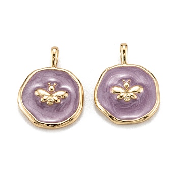 Brass Enamel Pendants, Long-Lasting Plated, Flat Round with Bee, Lilac, Real 18K Gold Plated, 18.5x13.5x3mm, Hole: 4x2.5mm