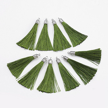 Nylon Tassels Big Pendant Decorations, with Antique Silver Alloy Findings, Olive, 55~67x7mm, Hole: 2mm