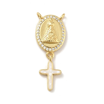 Brass Charms, with Shell, Cadmium Free & Lead Free, Long-Lasting Plated, Oval with Cross, Real 18K Gold Plated, White, 30mm, Hole: 1.5mm