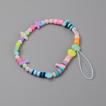 Polymer Clay Heishi Beaded Mobile Straps, with Acrylic Beads, Fish & Shell, Mixed Color, 17.3cm